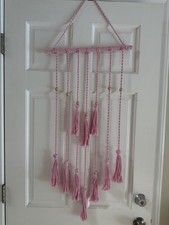 Pink Macrame Braided Rope Wall Hanging Decor with Tassels Wooden Beads