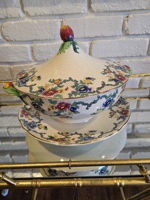 Royal Cauldon Floral Porcelain Soup Tureen with Lid and Plate, Glazed, Round
