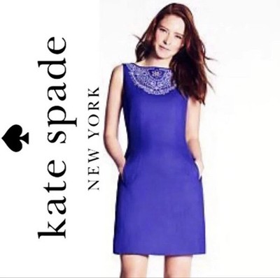  $498 Lux KATE SPADE NY Aesthetic Linen Domino Dress Embroidered Purple Blue M L