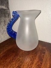Vtg Steven Newell Studio Glass Frosted Pitcher - Blue Handle- Approx 6.5&rdquo;