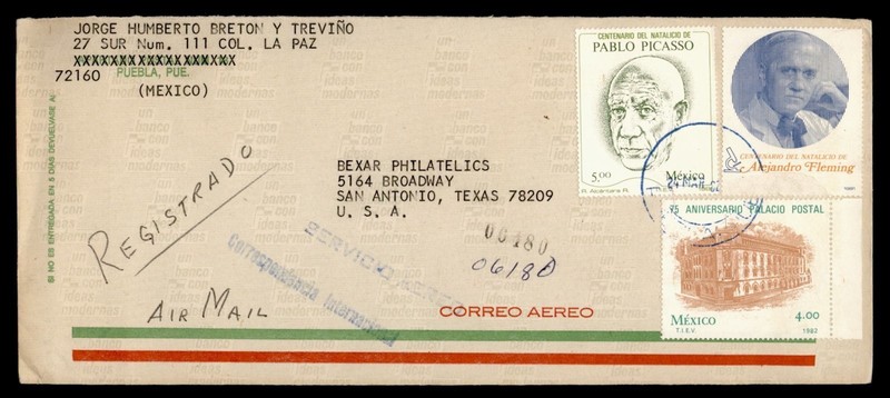 DR WHO 1982 MEXICO REGISTERED AIRMAIL PUEBLA TO USA R56088