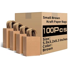 Small Brown Kraft Paper Bags with Handles Bulk, 5.9"x3.2"x8.3" 100Pcs Small Brow