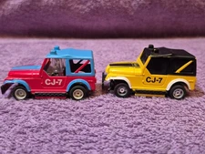 Vintage TYCO Jeep CJ-7 Blue and Red & Black and Yellow HO Slot Cars Set of 2