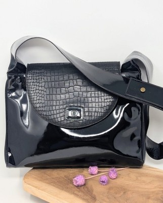 Besondere AIGNER Vintage Schultertasche Lackleder Schwarz Kroko-Prägung 80er