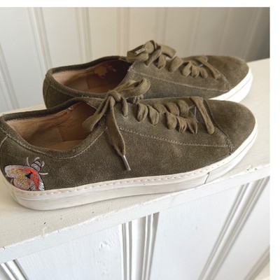 Bettie Olive Green Suede Moth Embroidered Sneakers Lace Up Low Top Womens 7.5M
