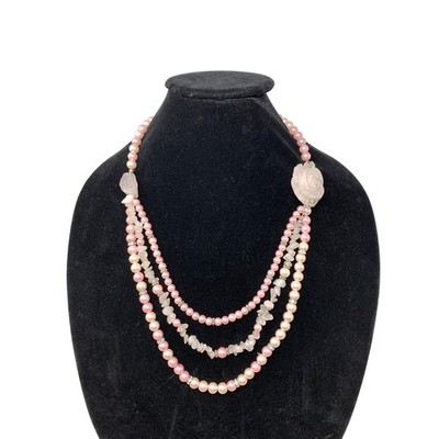 Handmade Artisan Multilayer Beaded Faux Pearl Necklace W/ Rose Quartz Flower 