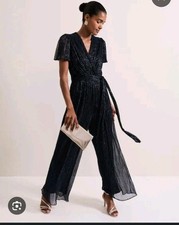 NWT Adrianna Papell Women's Size 8 Stardust Pleated Navy Blue Jumpsuit Belted