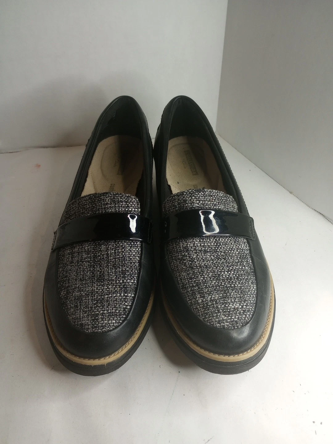 Mocassini donna Clarks Sharon Gracie comodi nero grigio tweed taglia 10 M usati in ottime condizioni