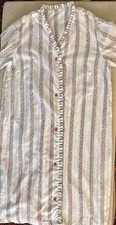 Vtg Floral Stripe Button Front Short Sleeve Ruffle Trim Nightgown House Coat
