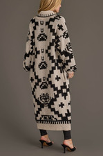 Boho Western Aztec Long Cardigan Sweater Black Cream Southwestern Duster Coat M