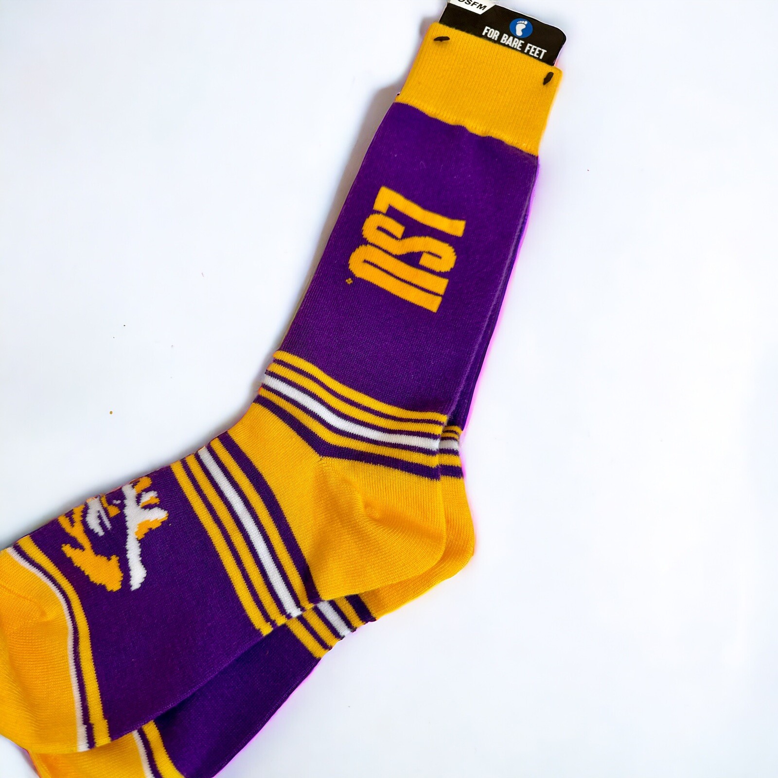 For Bare Feet LSU Tigers Stripe Deuce Socks Shoe Size NCAA SEC Men Women Medium
