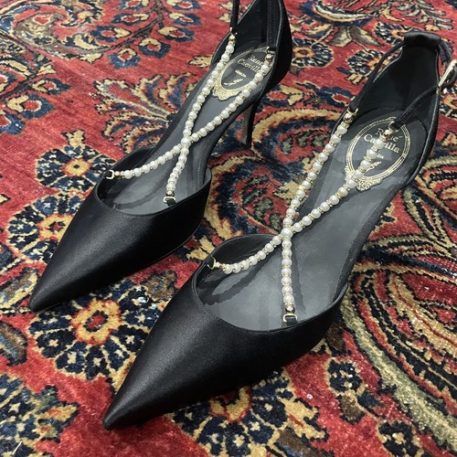 Rene Caovilla Heels Elizana Black Satin Pearls D'orsay Size 37 1/2 US 7 - Picture 4 of 10