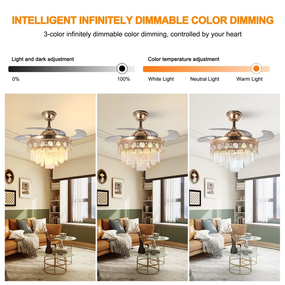 42" Gold LED Crystal Chandelier Remote 3-Colors 6-Speeds Ceiling Fan Reversible - Image 4 of 4