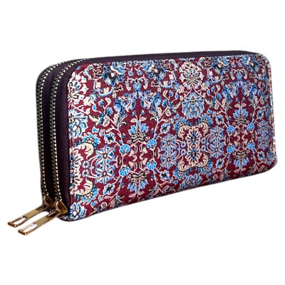 Boho Blue Floral Wallet | Double Zipper Ethnic Tapestry Clutch Purse for Women