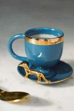 New Anthropologie Lydia Espresso Cup & Saucer Set-Blue Dachshund or Green Monkey