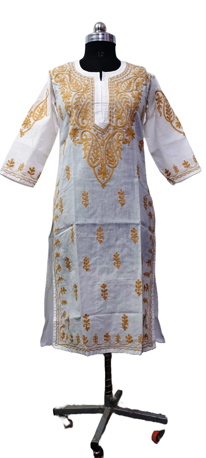 Vestido Largo Au Mujeres Floral Bordado Largo Fiesta Blanco Algodón Kurta Con...