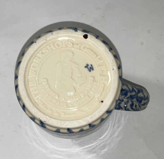 Roseville Ohio Pottery Blue/White Hearts Spongeware Creamer Pitcher 4in