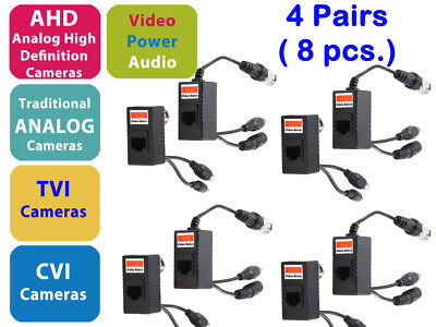4 Pair Video Power Audio CCTV BNC Balun RJ45 Cable Connector For Cat5 Cat6 Wire