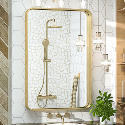Gold Metal Frame 20x30 Inch Round Corner Mirror for Home Decor - Vertical/Horizo