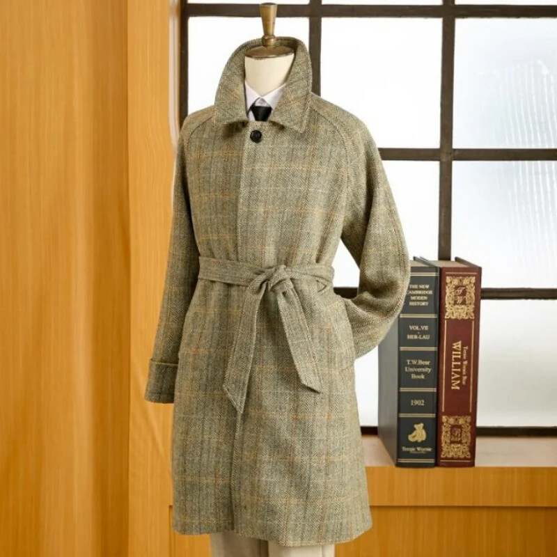 Men's Tweed Balmacaan Overcoat Houndstooth Pattern Classic Style