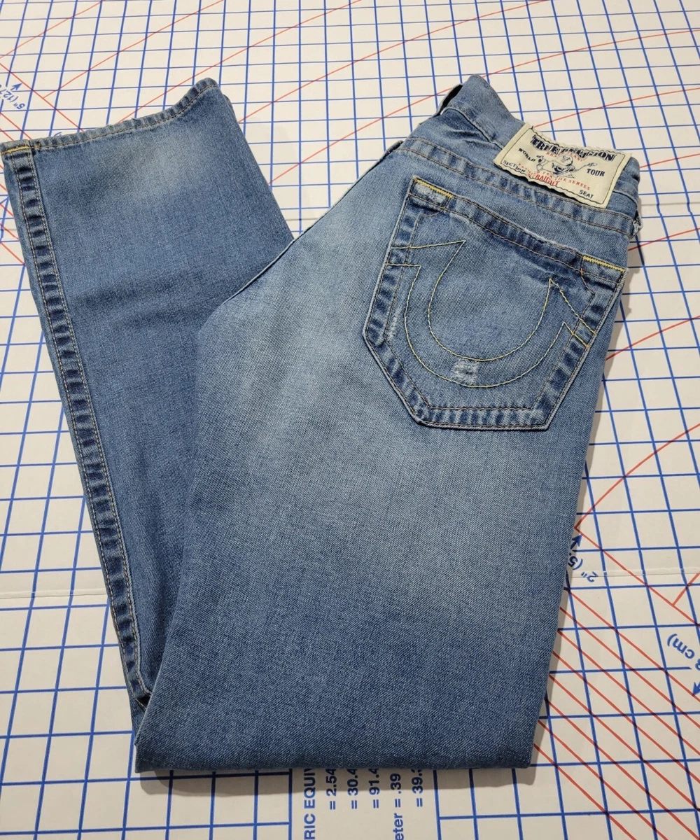 True Religion Mens Straight Brown Gold Jeans Size 30 X 33 100% Cotton Distressed