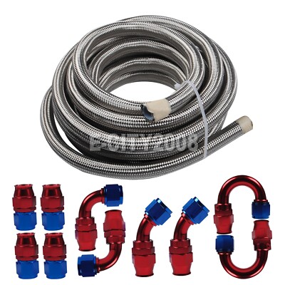 6AN 8AN 10AN 12AN Stainless Steel E85 PTFE Fuel Line 10-30FT 10 Fitting Hose Kit