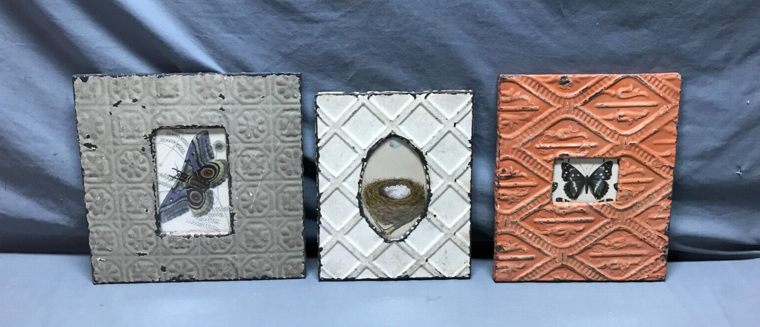 Vintage Mixed Lot 3 Shabby Tin Ceiling Wrapped Picture Frames Old 1822-24B