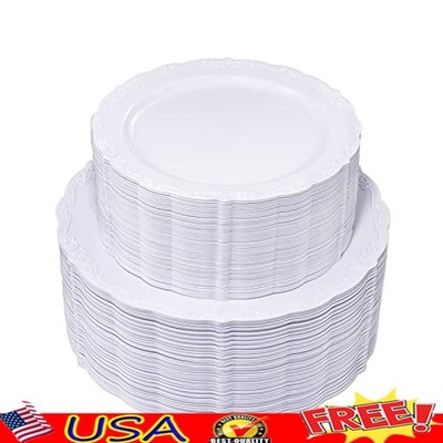 100 Disposable Plastic Plates Set Premium Dinner Dessert Plates