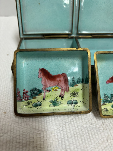 Antike chinesische Cloisonné Emaille Messing Stempel Schmuckschatulle mit Scharnierdeckel 4 Einsätze - Bild 6 von 13