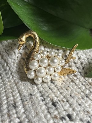 Vintage Liz Claiborne Gold Tone Faux Pearl Swan Brooch 