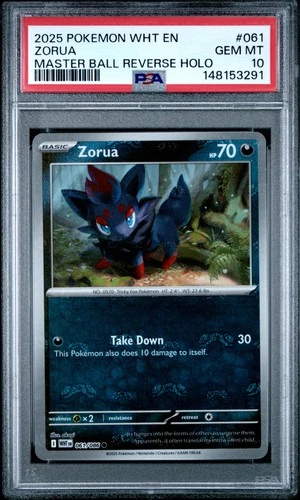 2025 POKEMON WHT EN-WHITE FLARE MASTER BALL REVERSE HOLO #061 ZORUA PSA 10