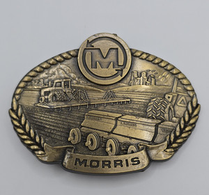 Morris Agriculture Advertising Belt Buckle Gold/Black Farm Equipment Theme
