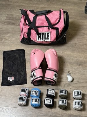 TITLE Club Boxing Pink & Black GEL Women's 14 oz, GYM Bag, 8 Wraps & More in GC