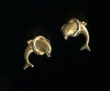 New 14K Solid Yellow Gold 13mm Diamond Cut Dolphin Fish Sea Ocean Earrings uu