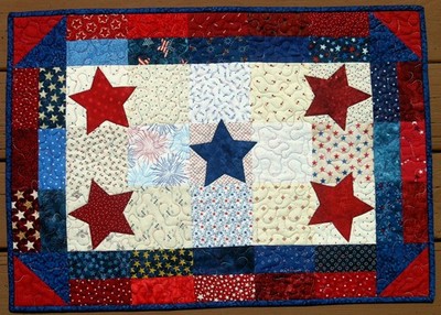 Handcrafted Quilted Appliqued Table Runner - PATRIOTIC STARS RED WHITE BLUE