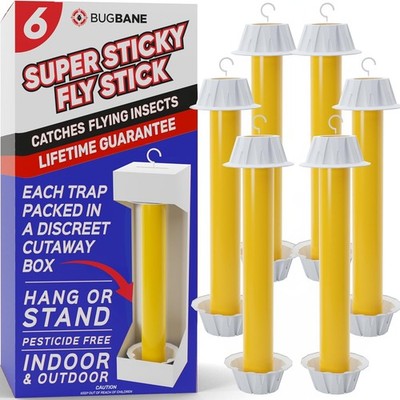 Fly Stick Sticky Fly Traps for Indoors Outdoor 6pk. Non-Toxic Super Sticky Ha...