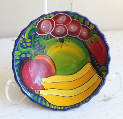 Acapulco Mexico Tourist Hand Painted Bowl Fruit Lead Free Terracotta Cobalt