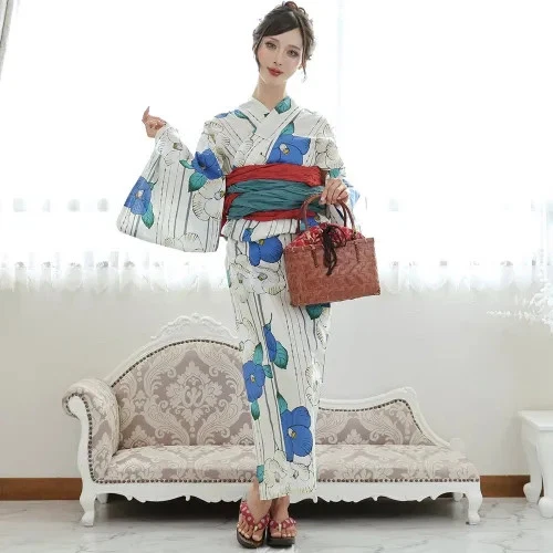 Japanese Yukata Kimono 3-piece set with a Striped Camellia Bright and Lovely - Image 2 of 4