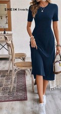 Shein Set Of 2 Frenchy Midi Dresses Sz M Navy Burgundy Pockets Modest Travel