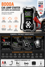 8000a Car Jump Starter Wair Compressor 160psi Battery Booster Power Bank 8000a Car Jump Starter Wair Compressor 160psi Battery Booster Power Bank