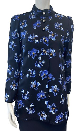 PROENZA SCHOULER Black Blue Floral Crepe Blouse Long Sleeve High Neck 6 Classic - Picture 3 of 12