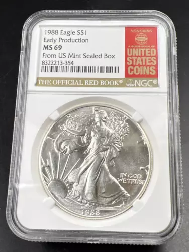 1988 1 Oz ASE American Silver Eagle NGC MS69 Red Book Label Early Production