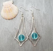 Handmade in Hawaii, Hammered Wire Loop, Wire Braided blue sea glass earrings,