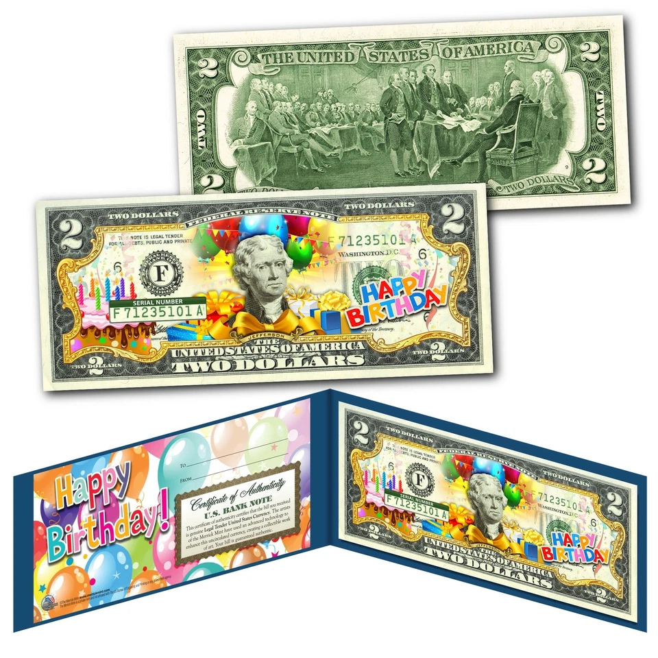 HAPPY BIRTHDAY Keepsake Gift Colorized $2 Bill U.S. Genuine Legal Tender w/Folio