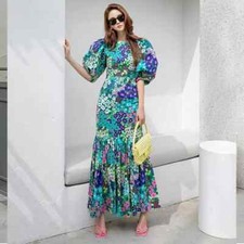 Vestito Abito Elegante Lungo Elegante Blu Fiori Bohoo Chic Lungo 75446