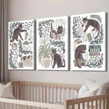 3pcs Cat Posters with Coffee & Indoor Scenes Wall Art Canvas Framed 50x70cm