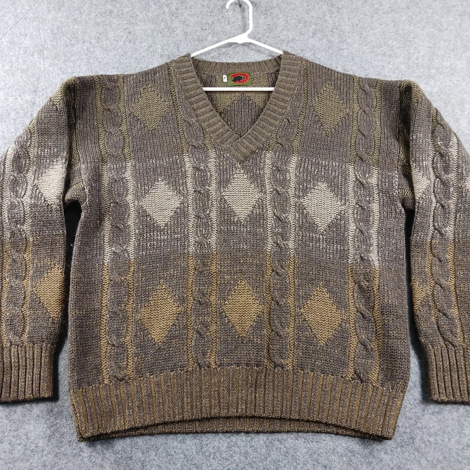 Trader Bay Sweater Mens Size XL Brown Argyle Cable Knit V Neck Grandpa Knit VTG - Image 2 of 4