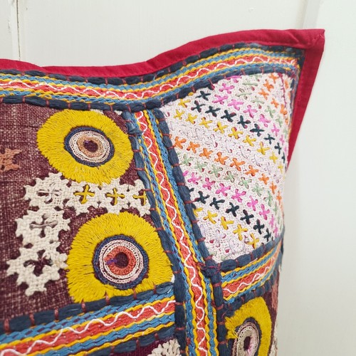 Vintage Rani Red Embroidered Floor Cushion Covers Antique Mirror Work 2 - Picture 4 of 9