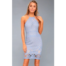 Lulu's Light Blue & Nude Beige Steal a Kiss Lace High-Neck Bodycon Dress Medium