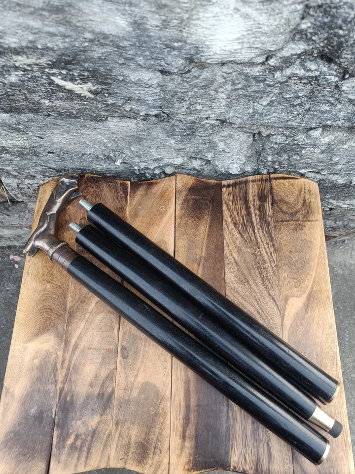 Nuevo bastón de madera negro liso con mango de cabeza de jaguar antiguo de latón macizo Foto 2 de 4